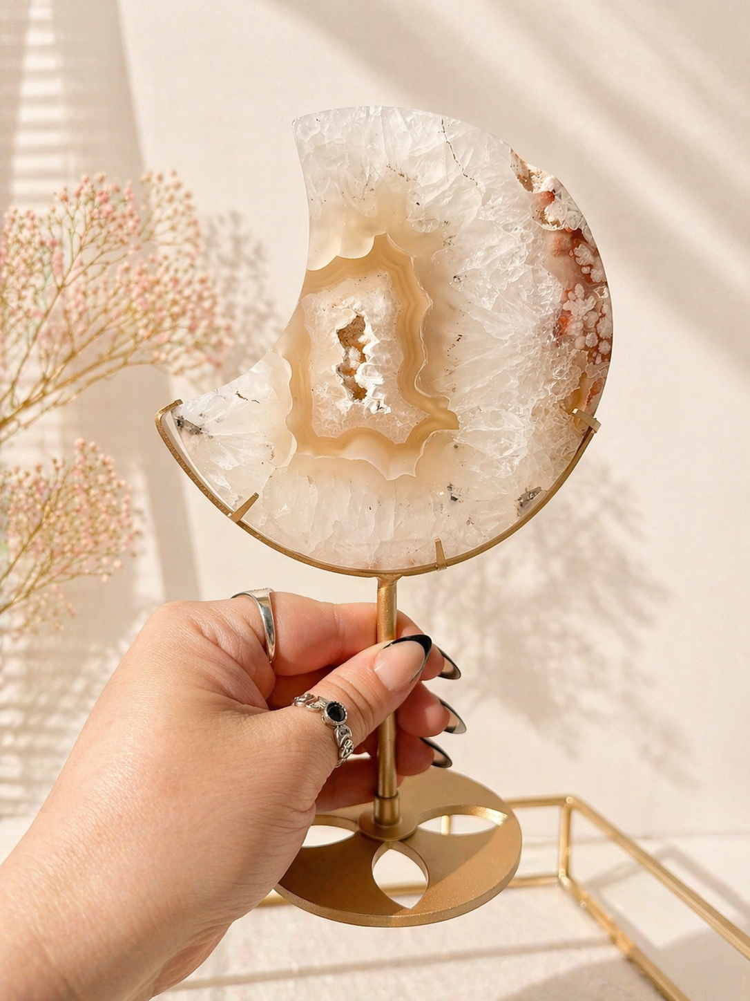 Quartz & Flower Agate Moon