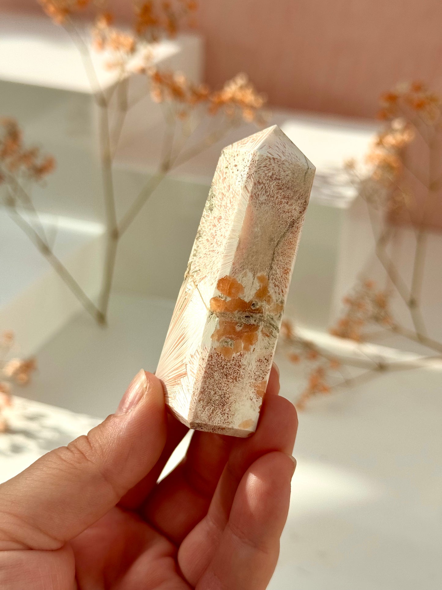 Pink Scolecite with Peach Stilbite Tower