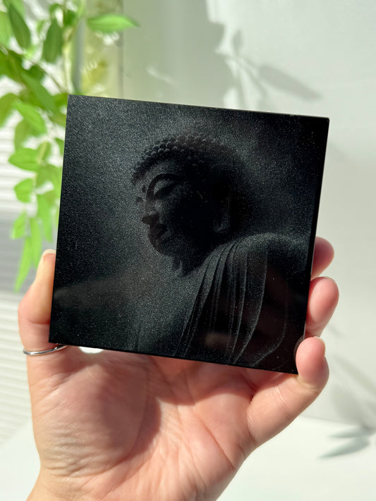 Laser Etched Black Obsidian Buddha Tile
