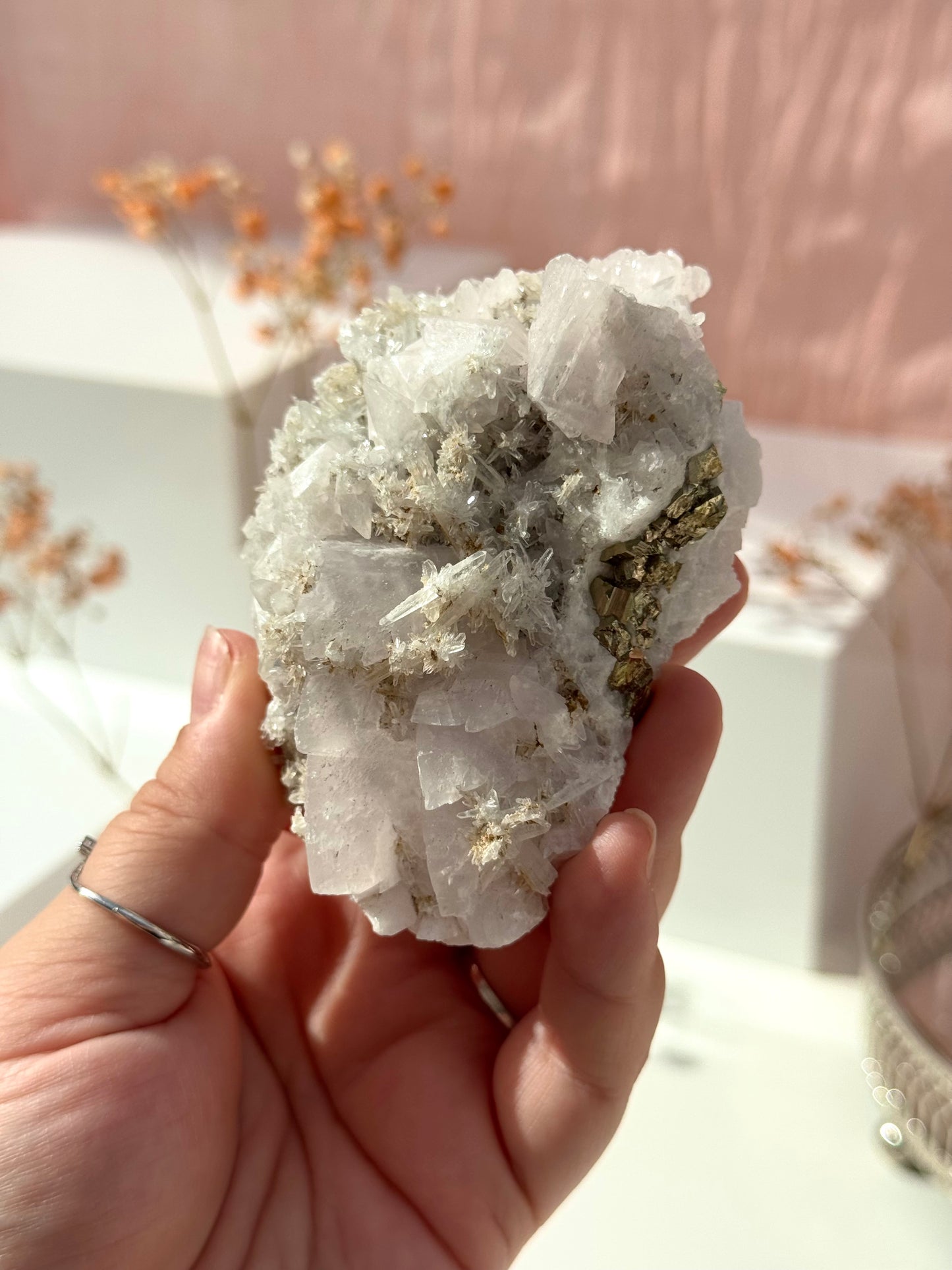 Mangano Calcite, Needle Quartz & Pyrite Specimens