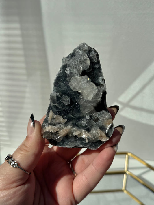 Black Chalcedony with Apophyllite & Peach Stilbite from India