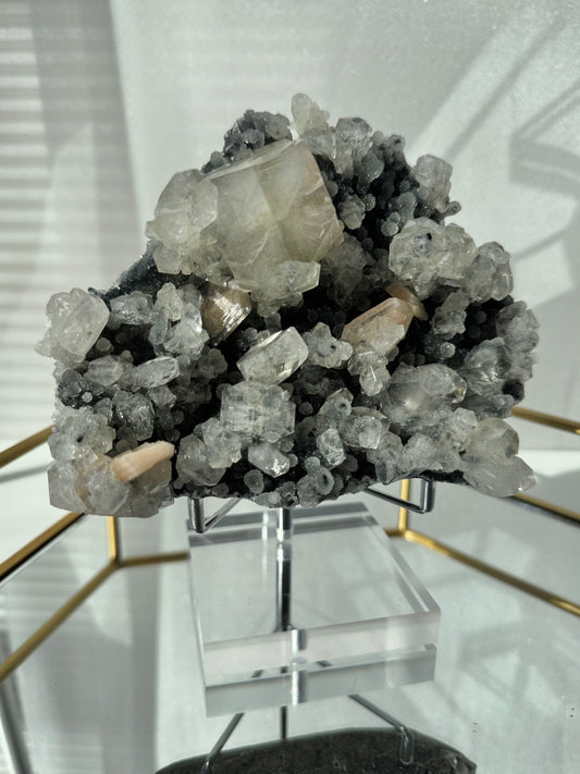 Black Chalcedony with Apophyllite & Peach Stilbite from India