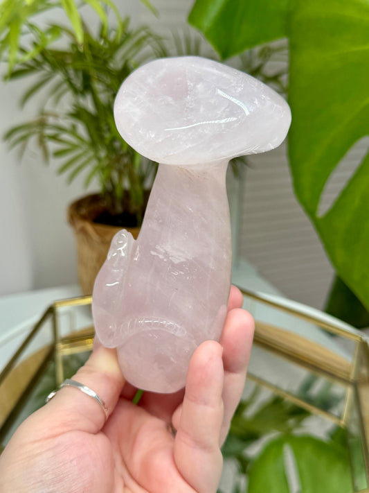 Large Rose Quartz Mushroom with a Door Mouse