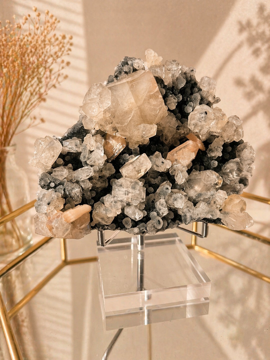 Black Chalcedony with Apophyllite & Peach Stilbite