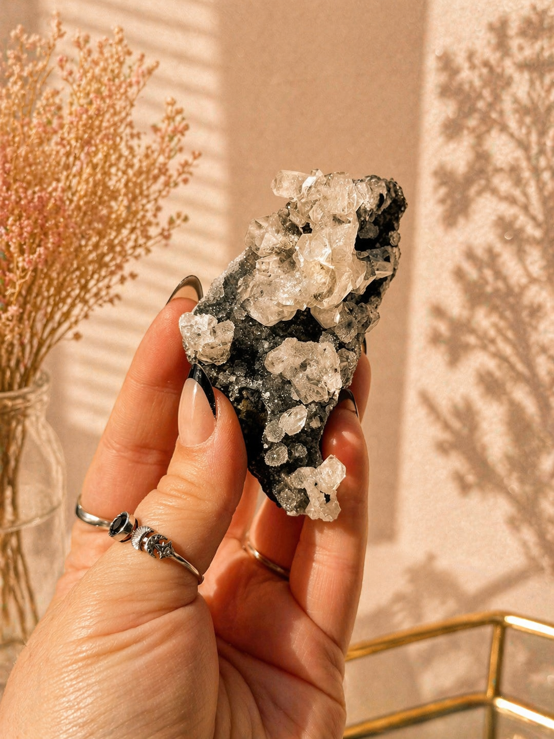 Black Chalcedony with Apophyllite & Peach Stilbite